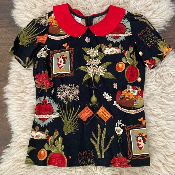 Hemet Store Frida Kahlo Cactus Collared Retro Pinup Top Blouse Sz S - Picture 3 of 11